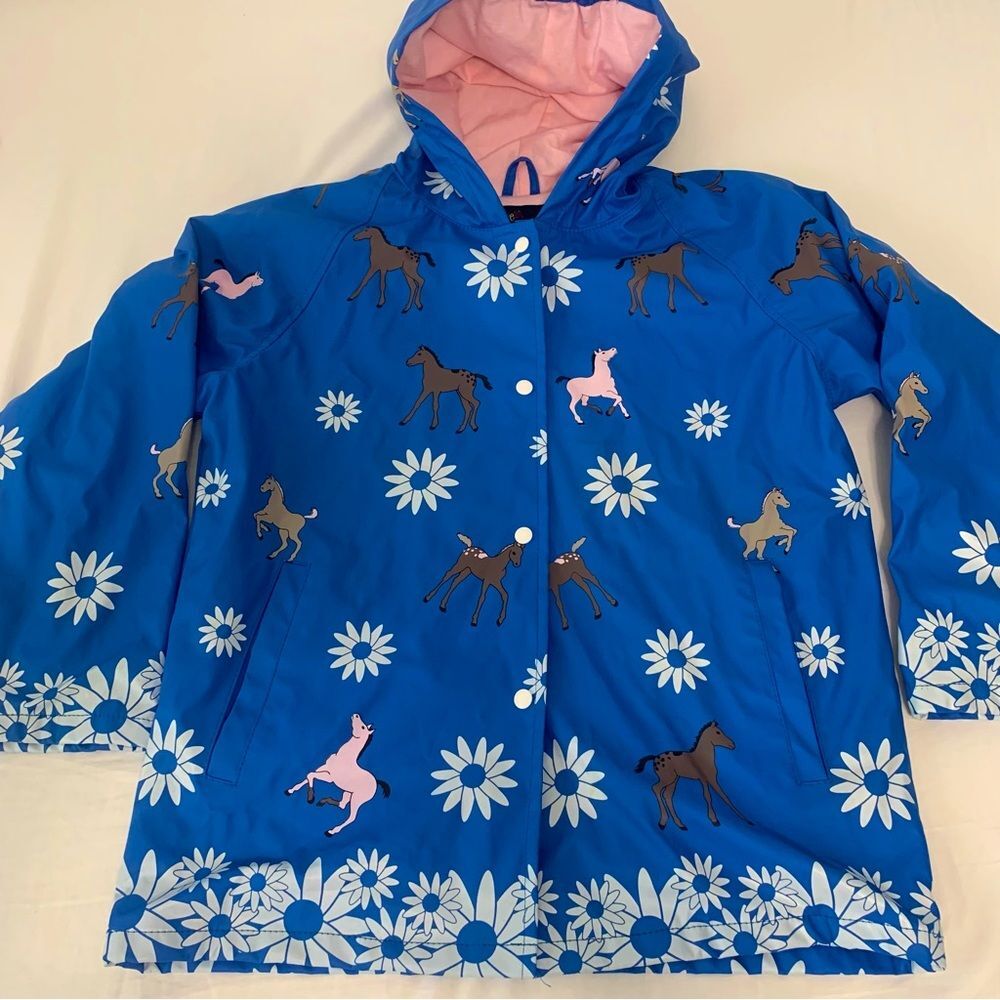 Foxfire Girls Raincoat Size 10 Blue with Pony and White Flowers Print Lined